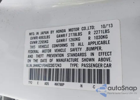 2014 Acura Rlx z USA, uszkodzony, nr VIN JH4KC1F94EC007243